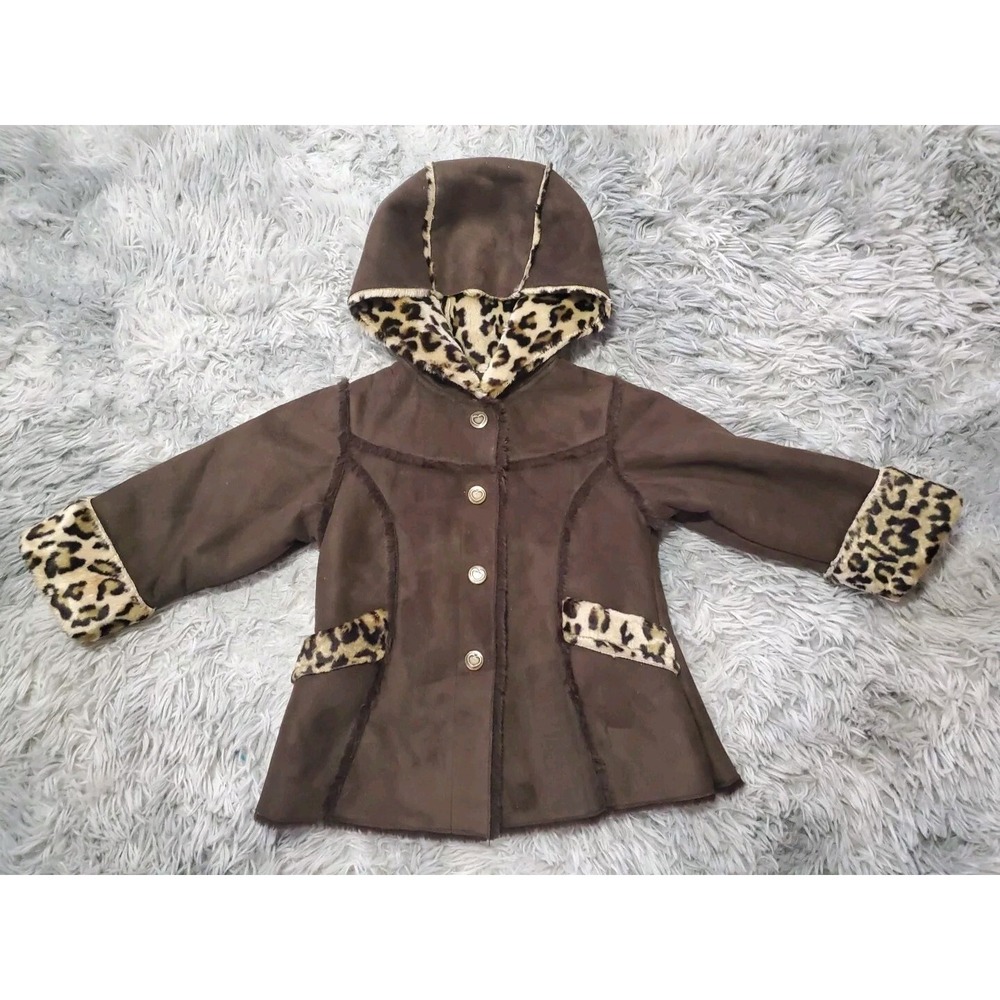 OshKosh B'Gosh Toddler Girls Hooded Jacket Size 2T Faux Suede/Fur Leopard EUC